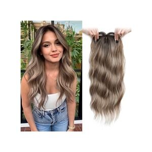 Wavy Hair Topper 20 Inch Ash Brown Highlights Synthetic Clip In Wiglet Piece